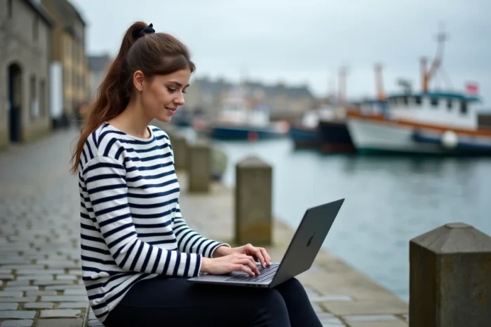 Jeune femme en marinière bretonne naviguant sur un sitemap régional via un ordinateur portable au bord du port