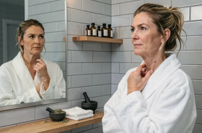 Femme en peignoir examinant un grain de beauté sur son cou devant un miroir de salle de bain avec des soins naturels