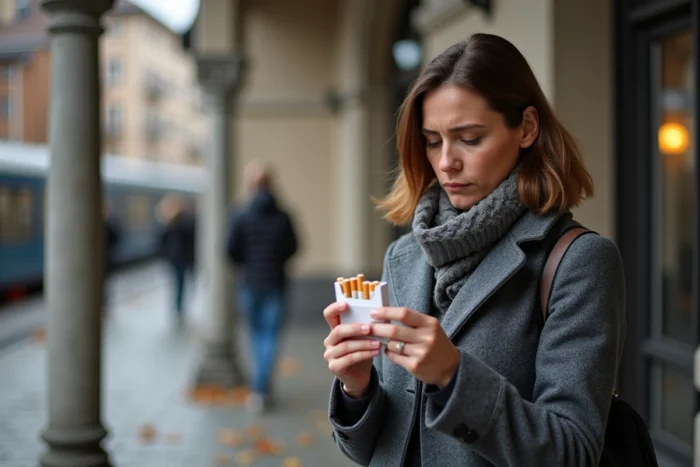 Femme tenant un paquet de cigarettes devant une gare suisse en automne, reflétant sur la hausse des prix du tabac