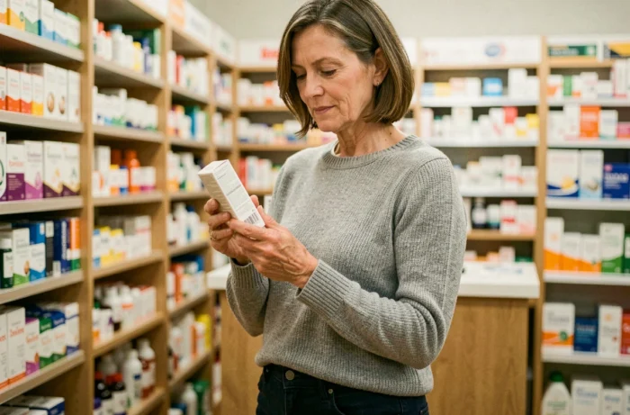 Femme en pharmacie examinant la boîte d'Acthéane avant d'évaluer les avis consommateurs