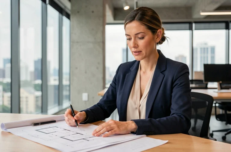 Femme professionnelle consultant des plans immobiliers dans une agence moderne pour réussir son projet d'achat