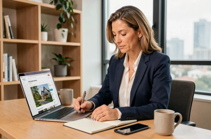 Femme professionnelle consultant des annonces immobilières en ligne sur un ordinateur portable dans un bureau moderne à domicile