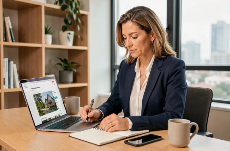 Femme professionnelle consultant des annonces immobilières en ligne sur un ordinateur portable dans un bureau moderne à domicile