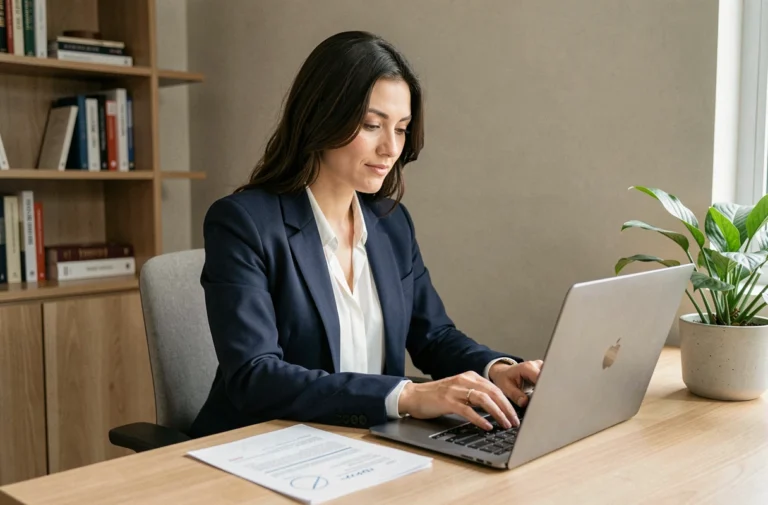Femme professionnelle cherchant un emploi en ligne sur son ordinateur portable depuis son bureau à domicile