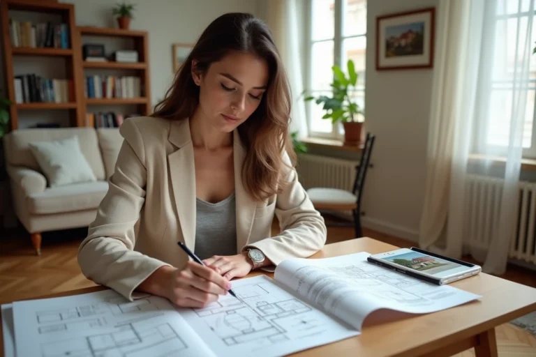 Femme consultant des annonces immobilières et des plans d'appartements à son bureau dans un appartement parisien