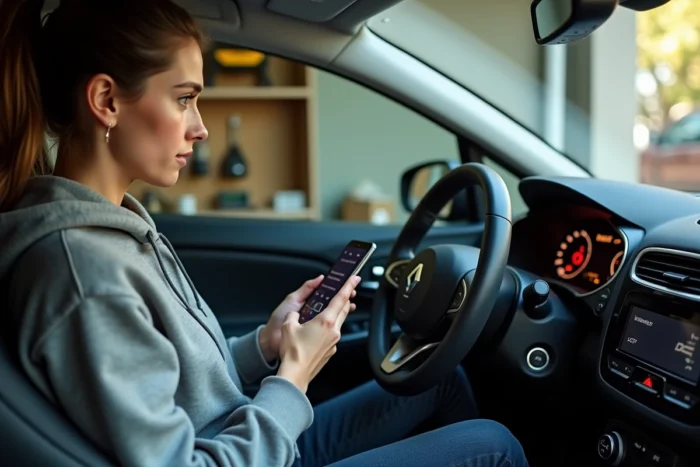 Femme réinitialisant le compteur de service d'une Clio 5 dans un garage résidentiel avec son smartphone