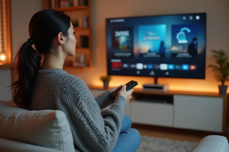 Femme regardant une série en streaming en avance sur sa télévision connectée depuis son salon
