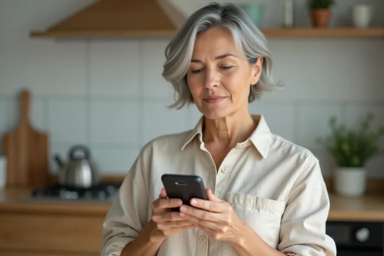 Femme d'une cinquantaine d'années tenant un téléphone portable basique dans une cuisine moderne, illustrant le choix d'un mobile simple sans internet