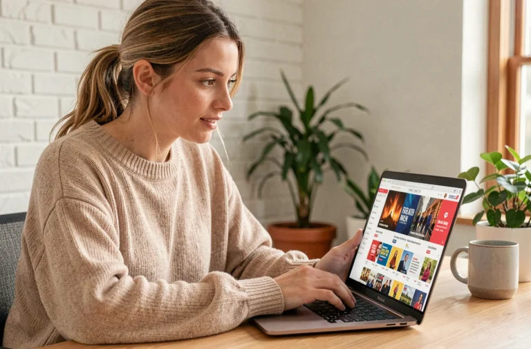 Jeune femme naviguant sur les dernières tendances et actualités web depuis son bureau à domicile