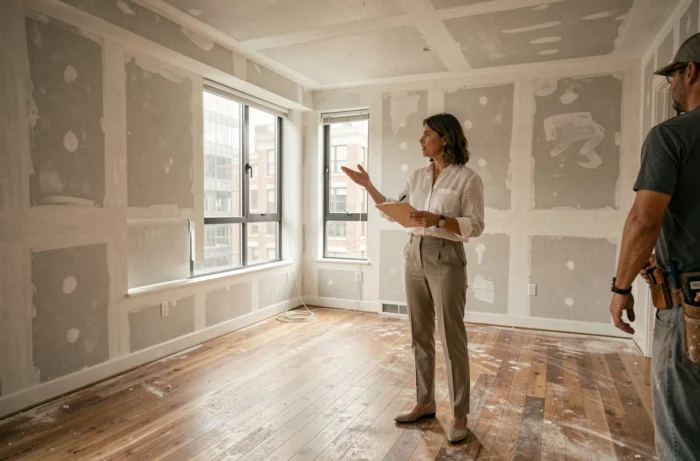 Femme visitant un appartement en rénovation et supervisant les travaux lors de son projet immobilier