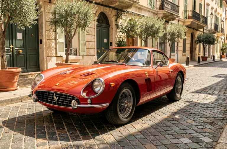 Ferrari 250 GTO rouge vintage garée sur des pavés à Monaco, voiture de star culte