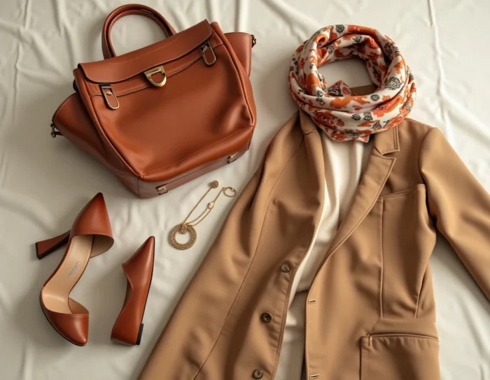 Flat lay élégant des accessoires et pièces mode tendance de la nouvelle collection Renée Fashion sur fond de lin naturel
