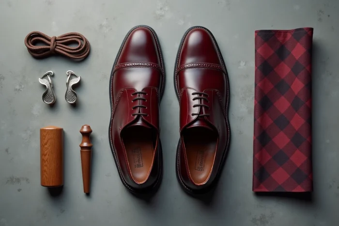 Flat lay éditorial de chaussures Oxford bordeaux entourées d'accessoires élégants comme des lacets cirés et des clips en métal vintage sur béton