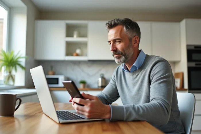 Un homme gère ses services bancaires en ligne depuis son domicile avec un ordinateur et un smartphone