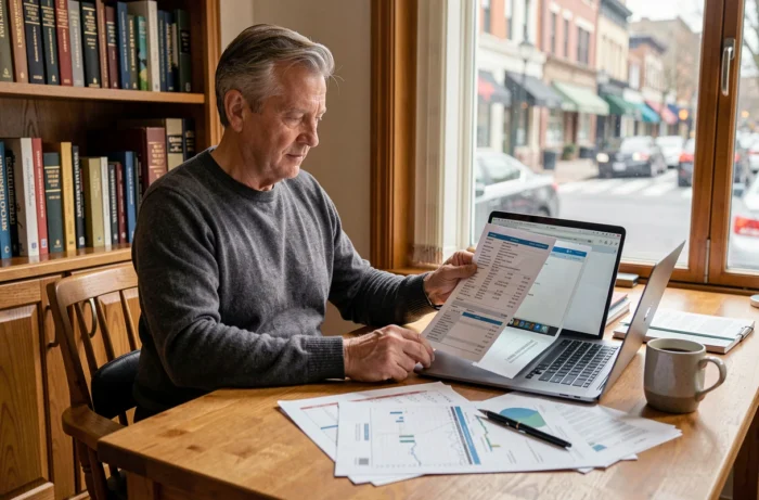 Homme gérant ses finances personnelles sur ordinateur portable dans un bureau à domicile