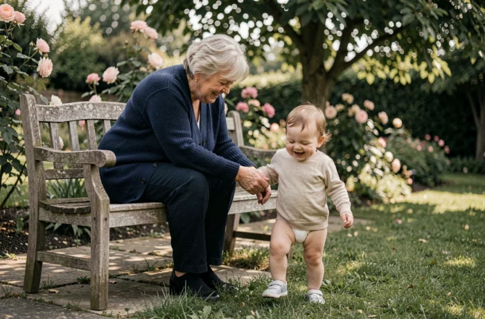Grand-mère aidant son petit-enfant à faire ses premiers pas dans un jardin verdoyant par une belle journée