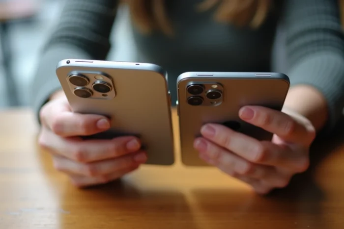 Gros plan des dos de l'iPhone 7 et 7 Plus tenus côte à côte, montrant la différence de taille et de caméra