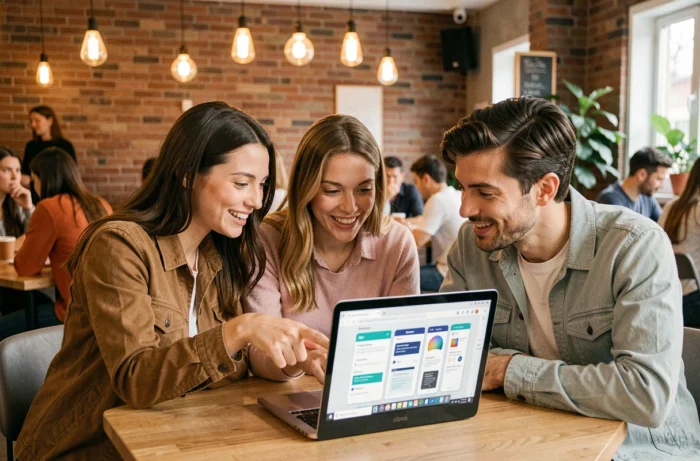 Groupe de professionnels collaborant autour d'un ordinateur portable pour analyser les tendances digitales dans un espace de coworking