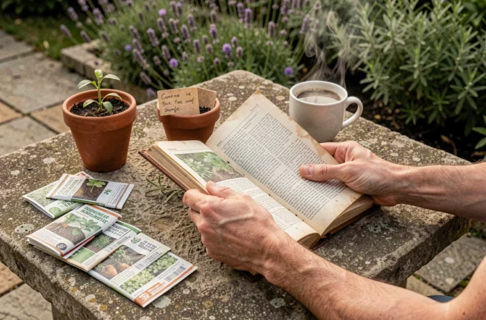 Consultation d'un guide de jardinage entouré de ressources pratiques sur une table de jardin en pierre