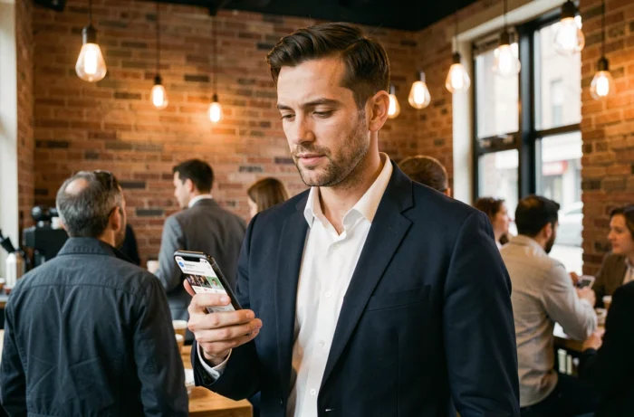 Homme consultant les tendances et actualités sur son smartphone dans un café urbain moderne