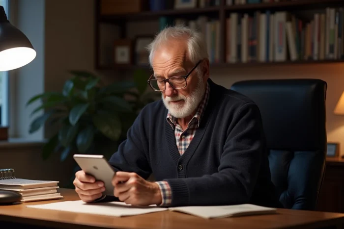 Homme âgé assinant à son bureau examinant un téléphone mobile basique sans connexion internet, dans un bureau chaleureux rempli de livres
