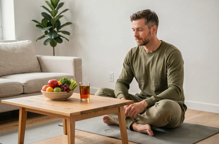 Homme en tenue décontractée assis sur un tapis de yoga devant un bol de fruits et légumes frais et une tisane, illustrant les solutions naturelles contre la constipation