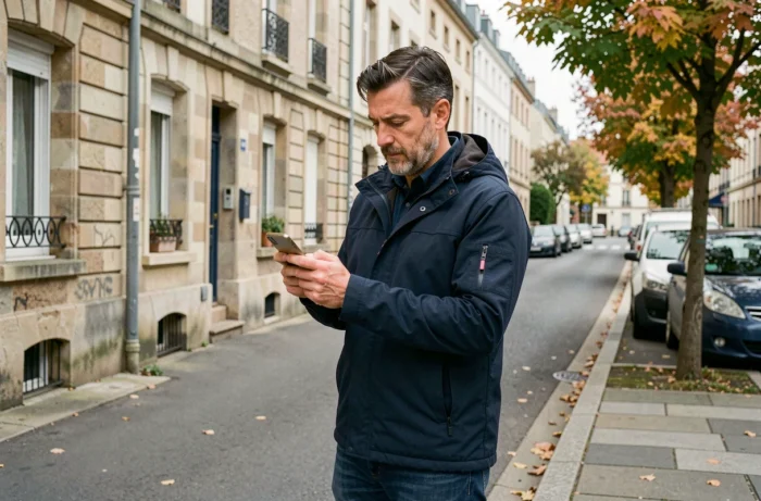 Homme parcourant des petites annonces gratuites locales sur son smartphone dans une rue de quartier
