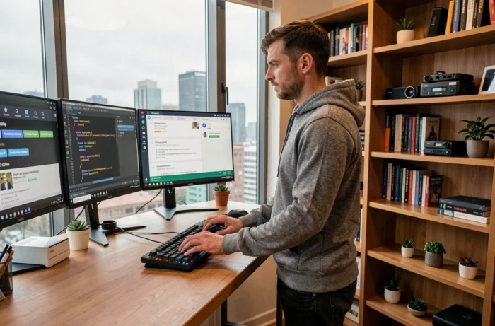 Homme développeur travaillant sur deux écrans avec des mises à jour logicielles dans un bureau à domicile