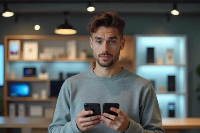 Homme comparant deux modèles d'iPhone 7 et 7 Plus dans un magasin d'électronique moderne