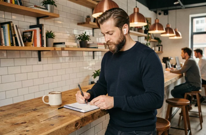 Homme barbu travaillant debout au comptoir d'un espace de coworking tendance à Bruxelles avec carnet de notes et café