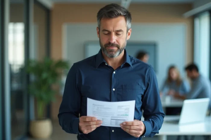 Homme consultant un rapport d'investissement dans un bureau de conseil financier moderne