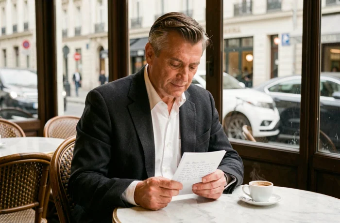 Homme distingué dans un café parisien évoquant une vie de couple discrète et élégante