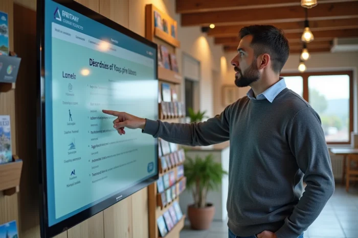 Homme pointant un écran interactif de sitemap dans un office de tourisme breton