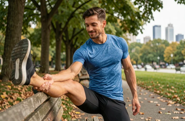 Homme sportif s'étirant sur un banc dans un parc urbain après un entraînement de course à pied