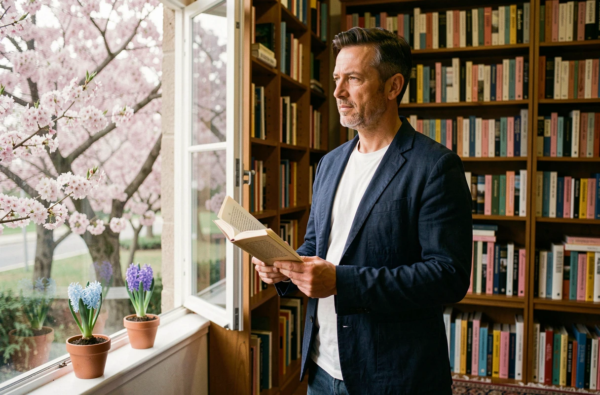 Homme lisant un recueil de poésie dans une librairie indépendante avec cerisier en fleurs visible par la fenêtre