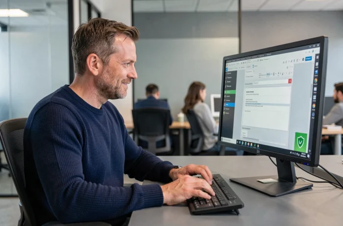 Homme professionnel utilisant un outil de correction de texte sécurisé dans un espace de coworking