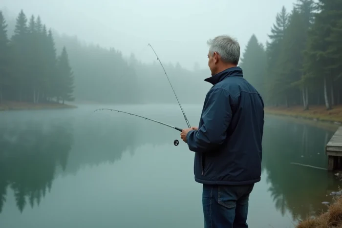 Homme pêchant au bord d'un lac brumeux entouré de pins, loisir de plein air relaxant pour profiter de son temps libre