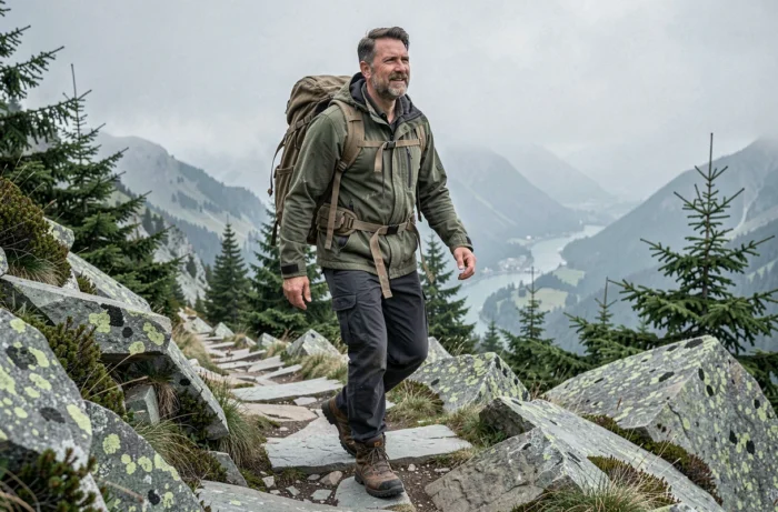 Homme en randonnée sur un sentier de montagne rocheux, activité de plein air et loisir nature