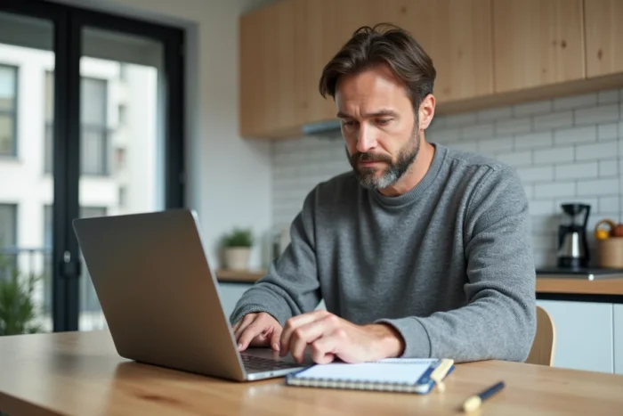 Homme comparant des offres immobilières sur ordinateur depuis son appartement pour préparer un investissement