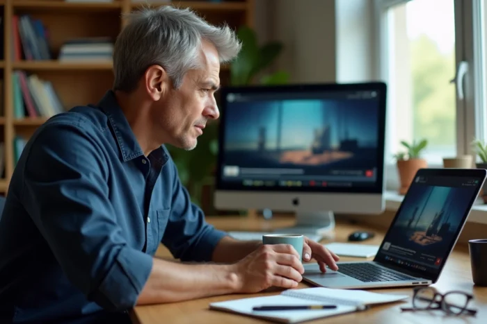 Homme regardant un épisode en avance sur son ordinateur portable depuis un bureau à domicile