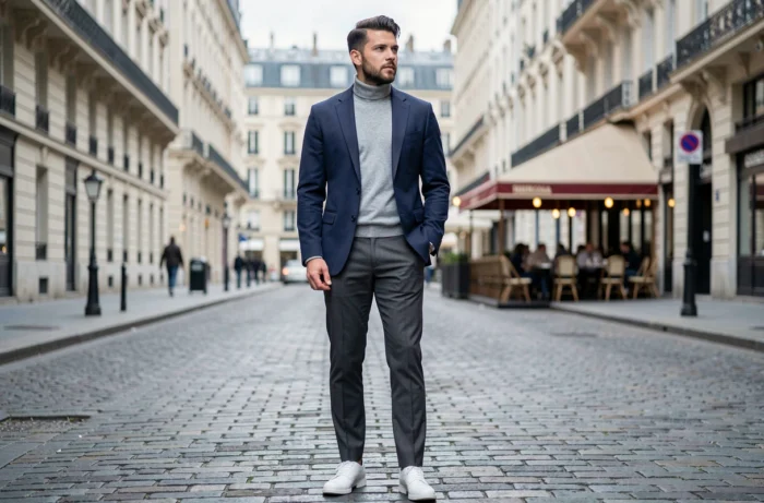 Homme stylé en blazer marine et col roulé gris posant avec assurance dans une rue pavée européenne