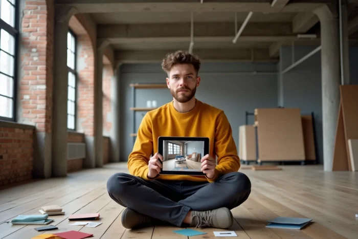 Homme assis sur le sol consultant une application de décoration 3D dans un appartement en rénovation industrielle
