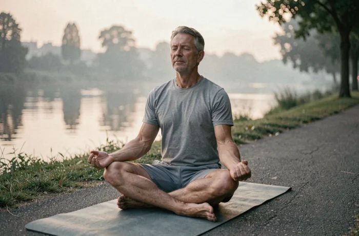 Homme pratiquant le yoga gratuitement au bord d'une rivière dans un parc naturel