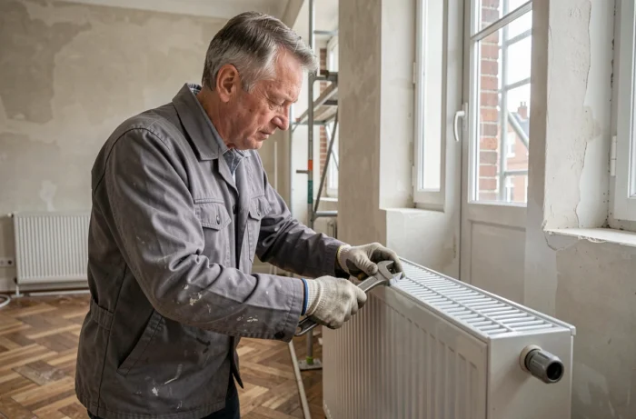 Plombier-chauffagiste installant un radiateur dans une maison de ville en rénovation à Bruxelles