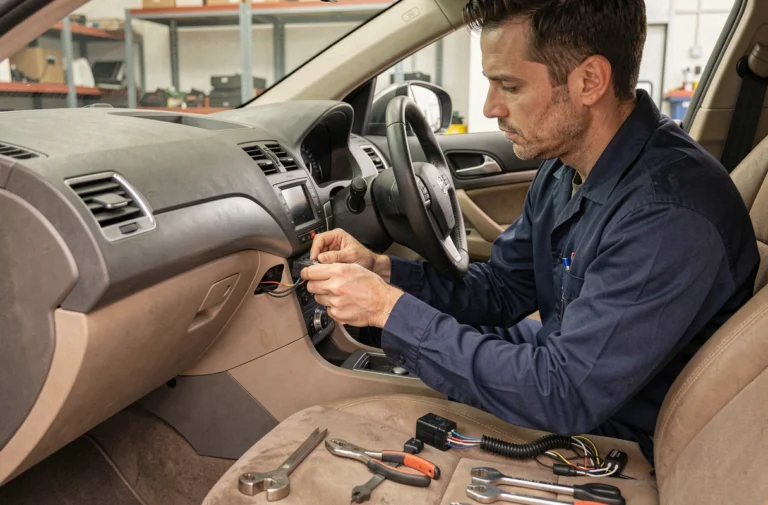 Technicien automobile installant un système GPS sous le tableau de bord d'une voiture dans un atelier professionnel