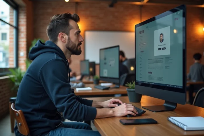 Jeune entrepreneur masculin travaillant sur la création de son site e-commerce dans un espace de coworking moderne