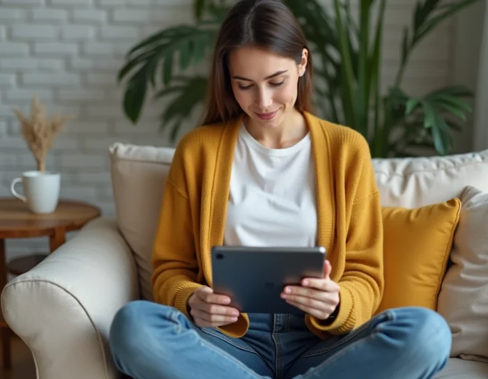Jeune femme consultant un document corrigé et protégé sur tablette dans un salon confortable