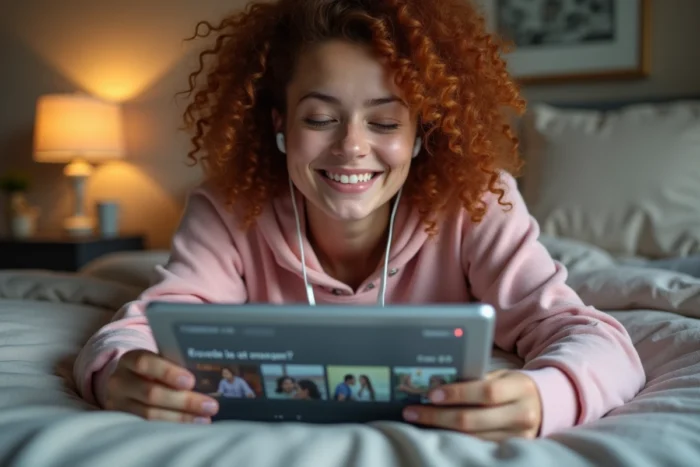 Jeune femme regardant Plus belle la vie en avance sur une tablette allongée sur son lit