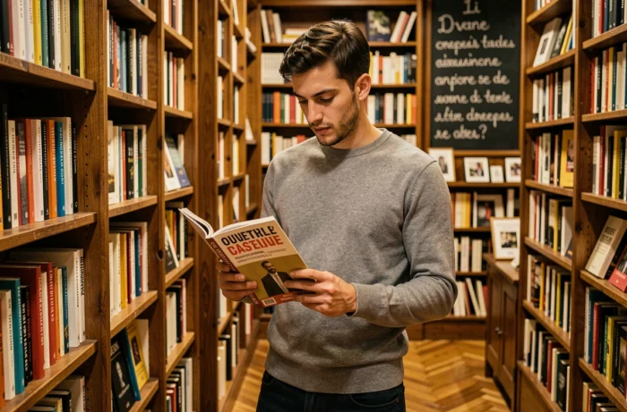 Jeune homme feuilletant un magazine culturel français dans une librairie indépendante à Lyon