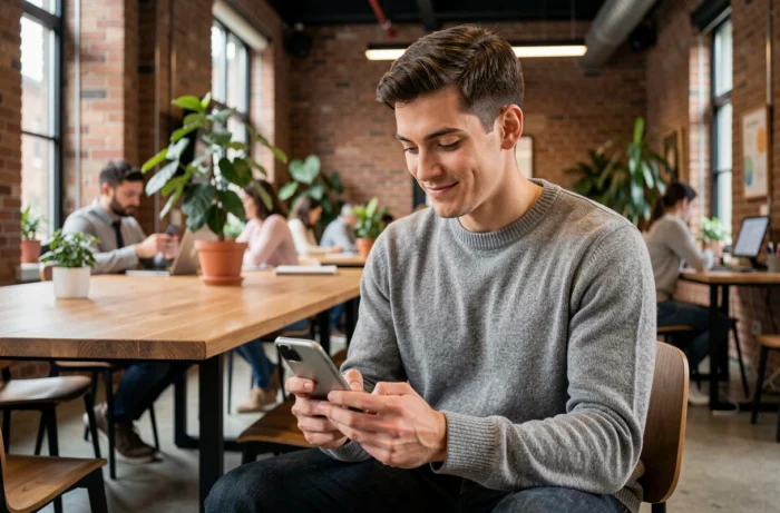 Jeune homme consultant des offres d'emploi sur son smartphone dans un espace de coworking moderne